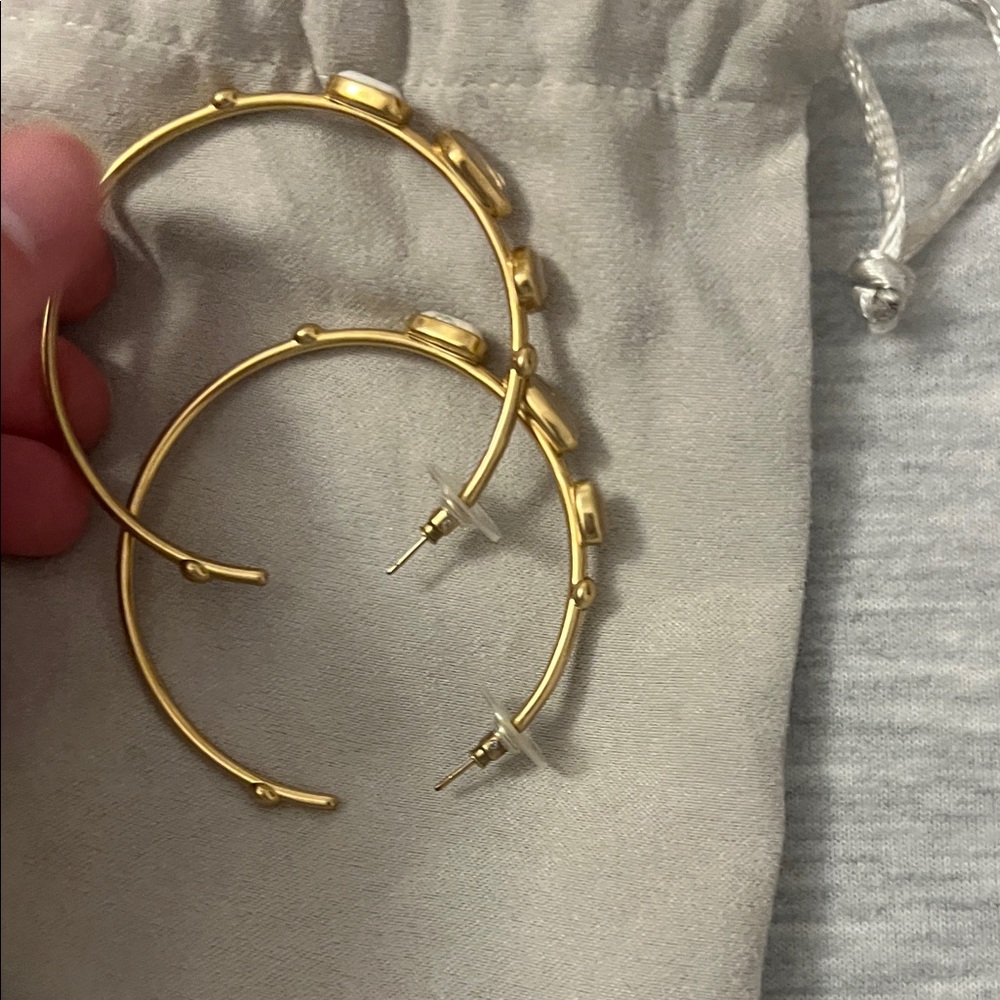 Gold-Tone Stone Accent Hoop Earrings - White and Iridescent - Picture 4 of 4